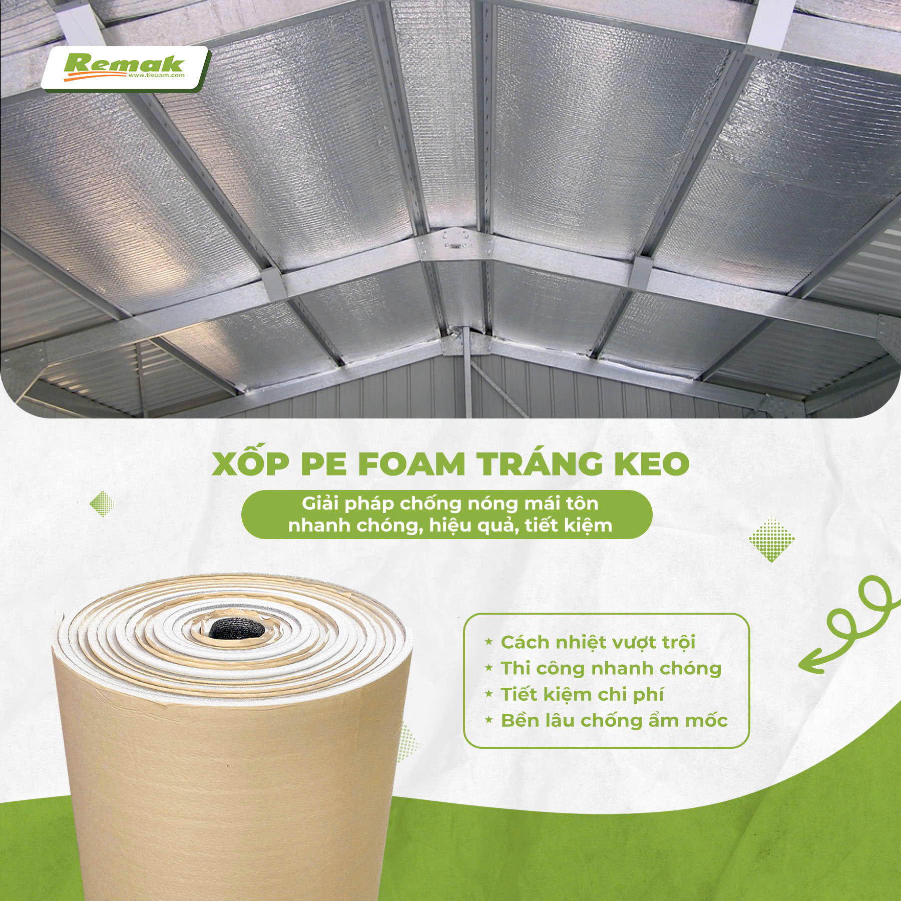 Xốp Pe foam tráng keo chống nóng mái tôn nhanh chóng tiết kiệm