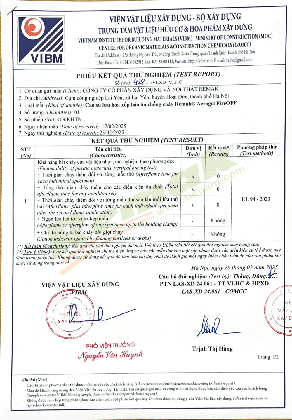 Chứng chỉ kiểm định chất lượng cao su lưu hóa Remak® Aerogel 14 Chứng chỉ kiểm định khả năng chống cháy cao su lưu hóa Remak® Aerogel