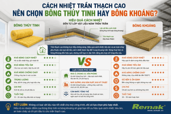 Nên chọn bông thủy tinh hay bông khoáng cho tràn thạch cao?