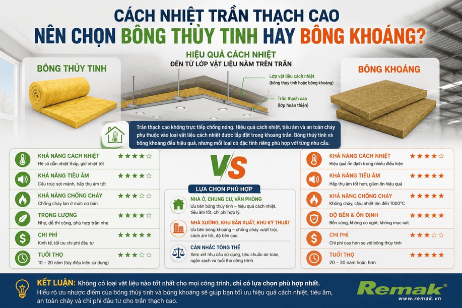 Nên chọn bông thủy tinh hay bông khoáng cho tràn thạch cao?